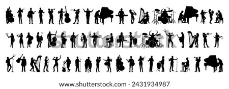 Large group silhouettes set of musicians playing various musical instruments vector collection.	