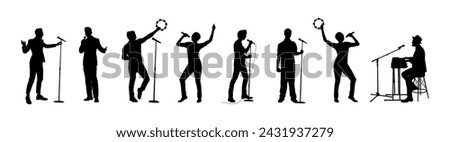 Group of singers with microphone vector black silhouettes.	