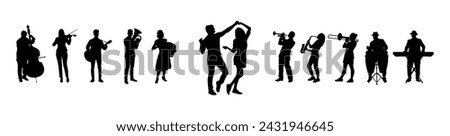 A couple dancing accompanied by music played by a group of musicians vector silhouettes. Couple dancing with street musicians playing music silhouette.