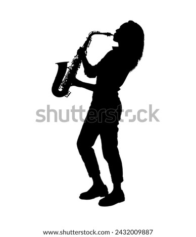 Female playing saxophone side view vector silhouette.	