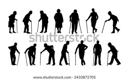 Elderly people with walking stick cane silhouette set vector.	