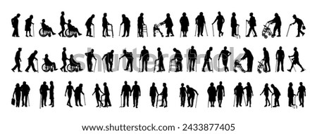 Elderly person with walking aids vector silhouette set collection.	