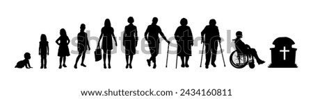 Woman life cycle stages from baby to death stages vector silhouette. Woman life cycle from birth to death stages of human life cycle silhouette infographic.	