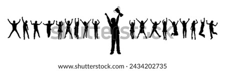 Kid boy holding trophy in front of group of happy jumping kids vector silhouette. Boy raising his hands with trophy celebrating victory black silhouette.	