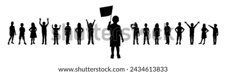 Boy holding flag in front of group of children vector silhouette. Little kid standing and waving flag in front of group of happy kids black silhouette.	