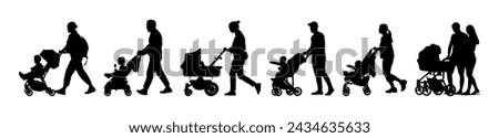 Group of parents walking pushing babies in strollers side view silhouette set.	
