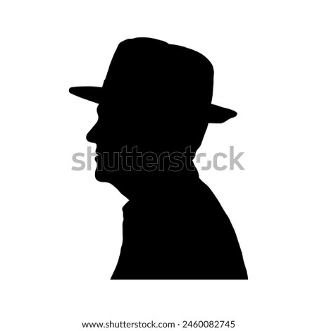 Elderly man wearing hat side view profile black silhouette.	