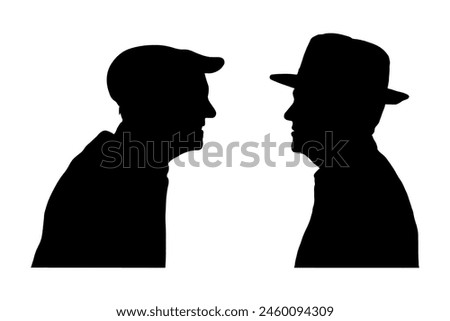 Two elderly men facing each others side view portrait silhouette. Two senior men talking face to face side view profile silhouettes.	