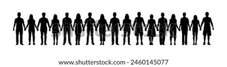 People different ages holding hands together vector silhouette. Human people chain black silhouettes set.	