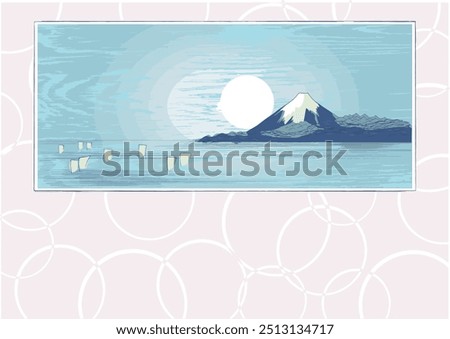 Moonrise over the iconic Japanese volcano Mount Fuji, design in the style of a Japanese woodblock print, with copy area below of wording or logo.