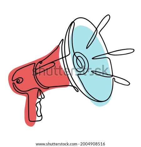 Continuous one line art megaphone. Silhouette loudspeaker, horn speaker. Attention, offer, promotion  or alert announcement Vector outline linear symbol. Marketing banner. Graphic hand drawing.