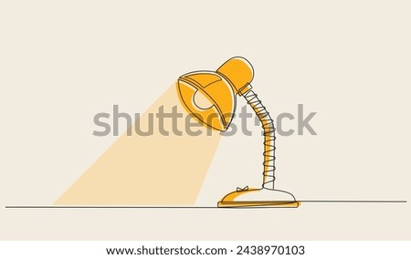 One line continuous desk lamp on white background. Luminous table lamp isolated. Outline vector illustration.
