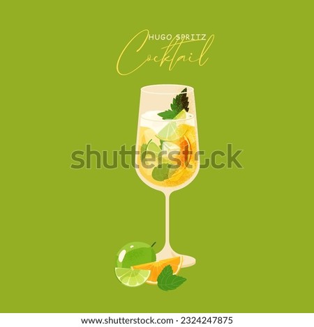 Hugo spritz cocktail with lime, orange slice and mint leaves. Summer Alcohol drink Italian aperitif with liqueur, prosecco, ice cubes and sparkling soda water. Vector Fresh beverage illustration