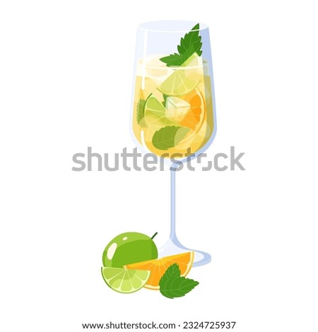 Hugo spritz cocktail with lime, orange slice and mint leaves vector isolated on white background. Summer Alcohol drink italian aperitif with liqueur, prosecco, ice cubes and sparkling soda water