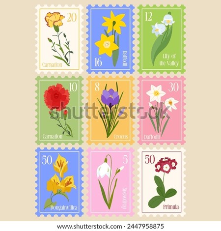 Set of Vector Postage Stamps Illustrations with Spring Flowers. Hand drawn flourish elements. Cute and fancy backdrop for textile, banner, greeting card, invitation, wrapping paper, scrapbooking, web