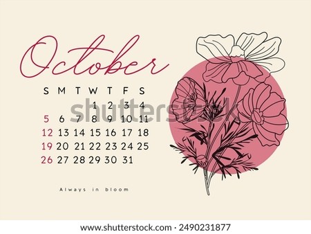 Horizontal calendar page for October 2025 with autumn cosmos flower. Isolated on beige background. Week starts on Sunday. Vector illustration line art style