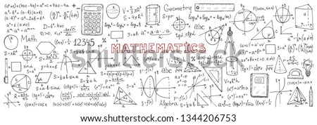 Banner with hand drawn mathematics formules and other elemets. Science collection. Vector doolle illustration