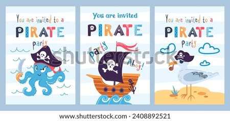 Set party invitation template. Cartoon pirate ship, seagull sailor and octopus- robber. Black flag, Jolly Roger. Skull and Bones. Vector illustration for game design, cards, childrens board game, book