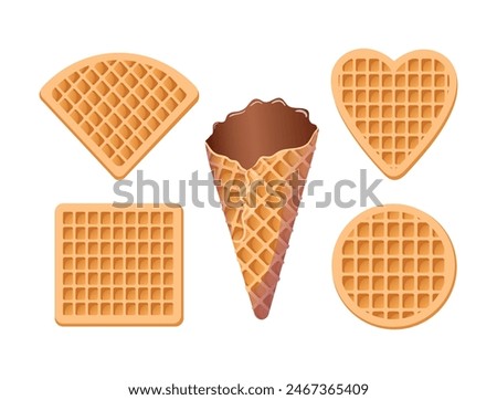 Set of Viennese waffles, chocolate cone. Delicious crispy soft sweets, realistic isolated vector food illustration. Square, circle, sector and heart. For menu, cafe, stickers, design elements.