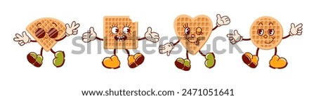 Set of Viennese waffles, cute retro cartoon characters. Delicious soft sweets. Groovy, vintage. Trendy old style. Smiling, winking, cool in sunglasses, joyful, cunning. For menu, cafe, stickers