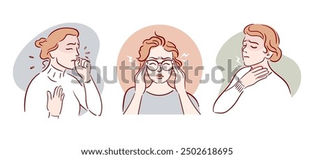 Cold symptoms. Cough, sore throat, headache, fever. Expressive depiction that convey themes of stress and discomfort through artful design. Hand drawn, sketch style. Health problems. Medical brochure