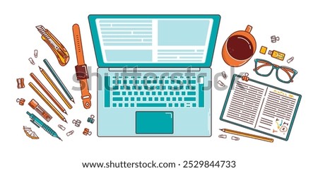 A top-down view of a student s workspace showcasing an e-learning and education theme, featuring a laptop, books, perfect for a university banner or study related visuals