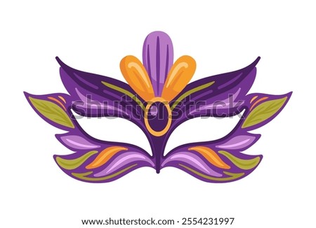 A vibrant carnival mask adorned with vivid feathers and foliage will enhance the spirited Mardi Gras celebration. This flat-style vector illustration is perfect for stickers or design elements.