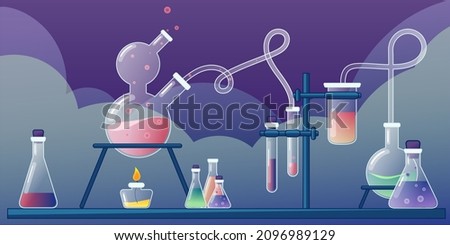 Chemical Laboratory with different glass flasks, vials, test-tubes with substance and reagents. Lab research, testing, studies in chemistry, physics, biology. Flat illustration. Background for poster.