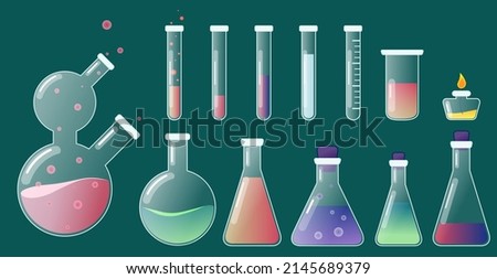 Set of laboratory elements: glass flasks, vials, test-tubes with substance and reagents. Flat illustration. Hand-drawn illustration for web design, for design of scientific book.