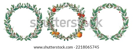 Set of three simple vector Christmas wreath with holly and mistletoe branches and  leaves. Winter frame for Christmas decoration invitation cards, postcards and posters, banners.