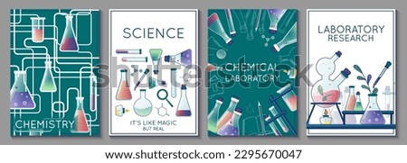 Vector set of science posters. Illustration of glass flasks, vial, test-tube, substance and reagent. Chemistry laboratory. Template perfect for banner, poster, advertising.