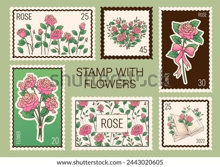 Collection postage stamps with illustration of rose flowers, bouquets. Vector illustration perfect for design of flower shop, envelope decoration.	