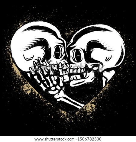 Two skulls kiss inside heart grunge vector tattoo 