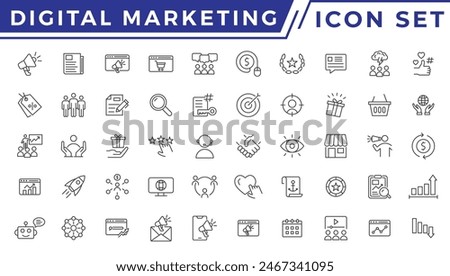 Digital marketing icons set. Content, search, marketing, ecommerce, seo, electronic devices, internet, analysis, social and more line icon.