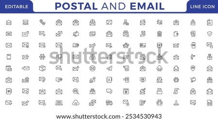 Postal and email line icons collection. Message, envelope, mailing, postal letter, post office and mailbox outline icon set