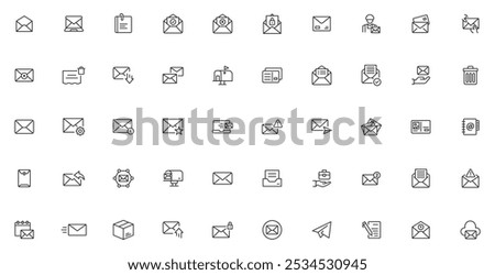 Postal and email line icons collection. Message, envelope, mailing, postal letter, post office and mailbox outline icon set