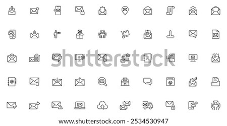 Postal and email line icons collection. Message, envelope, mailing, postal letter, post office and mailbox outline icon set