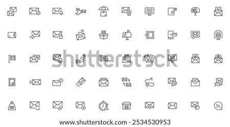 Postal and email line icons collection. Message, envelope, mailing, postal letter, post office and mailbox outline icon set