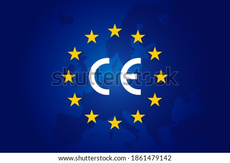 CE standard mark. Icon for products sold within the European Economic Area - EEA. Europe Union color, flag, stars sign. Vector CE European Conformity - logo. Blue background