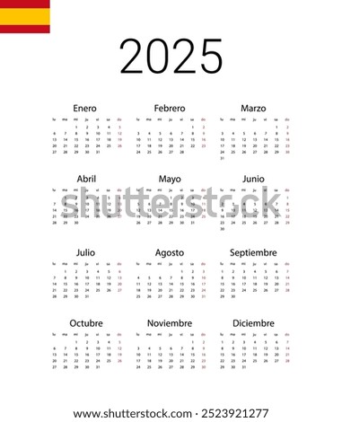 Spanish 2025 calendar. Vector illustration design template start from monday. Full months for wall calendar