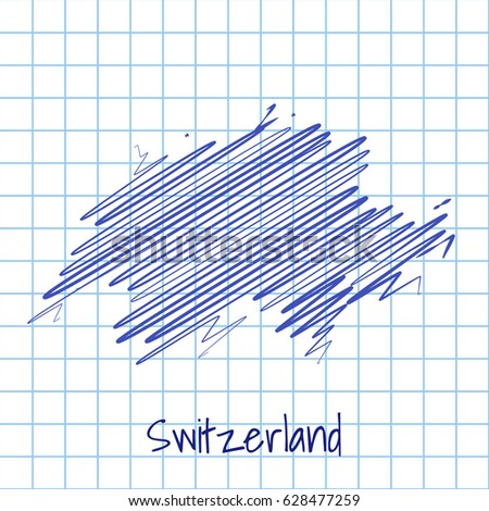 Map of Switzerland, blue sketch abstract background. The hand drawn map on school grid background texture. scribble pan vector illustration