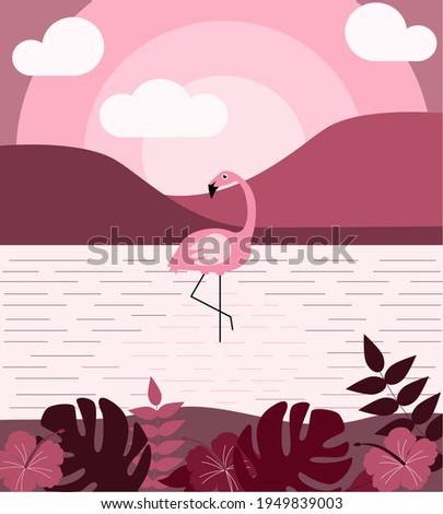 Flat illustration of a pink flamingo surrounded by jungle, monstera flowers and monstera leaves. Vector illustration