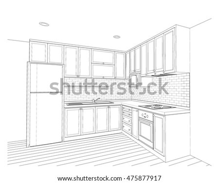 Interior design of country style kitchen 3d outline sketch perspective 475877917 Interior design of country style kitchen 3d outline sketch perspective 475877917