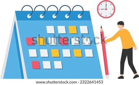 Work schedule or syllabus calendar, Planning for appointment and event, Project management timeline, Deadline reminder, Holding pencil with schedule, Calendar and alarm clock

