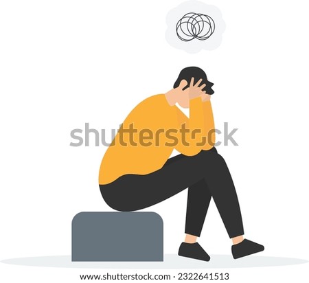 Regret on business mistake, Frustration or depressed, Stupidity or foolish losing all money, Stressed and anxiety on failure, Holding his head sitting alone on the chairs

