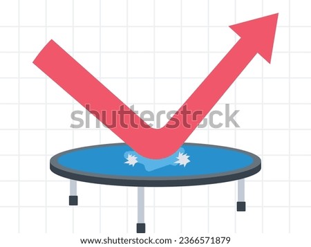 Stock market rebound, Overcome business downfall and grow up, Profit or leadership and achievement, Jump bouncing high on trampoline, Rising up performance arrow graph

