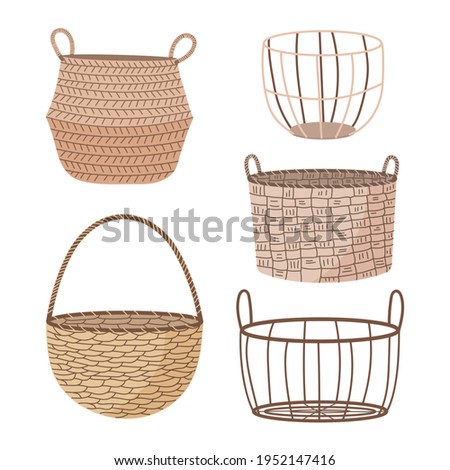 Set of hand drawn straw wicker baskets. Trendy empty baskets in doodle style. Straw baskets isolated on white background.