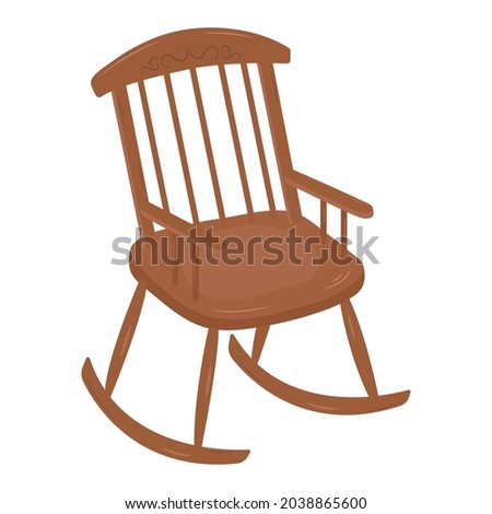 Vntage wooden rocking chair for creating cozy home interior. Hand drawn hygge cabin furniture. Autumn and wnter interior design. Vector illustration of brown armchair.