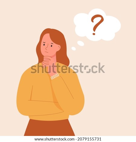 Thinking woman flat vector illustration. Young girl and thought bubble with question. Female character holding her chin and standing in thoughtful pose