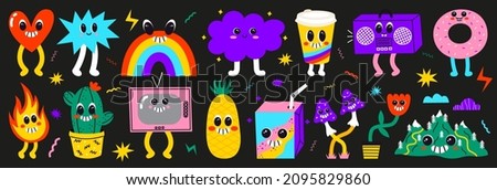 Vector collection of abstract funny characters. Psychedelic comic faces smiling. Retro heart, star, rainbow, cloud, cup, radio, donut, cactus, tv, pineapple, mushrooms, mountain stickers